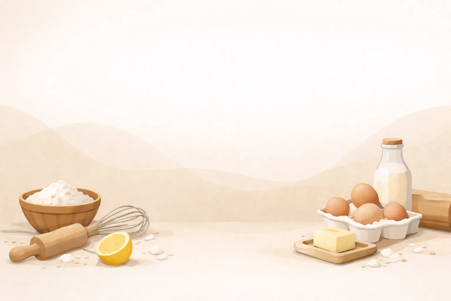 Baking scene with flour, rolling pin, whisk, lemon, eggs, butter, and milk